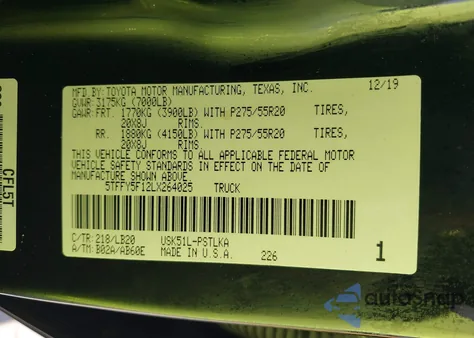 2020 Toyota Tundra Limited from USA, damaged, VIN 5TFFY5F12LX264025